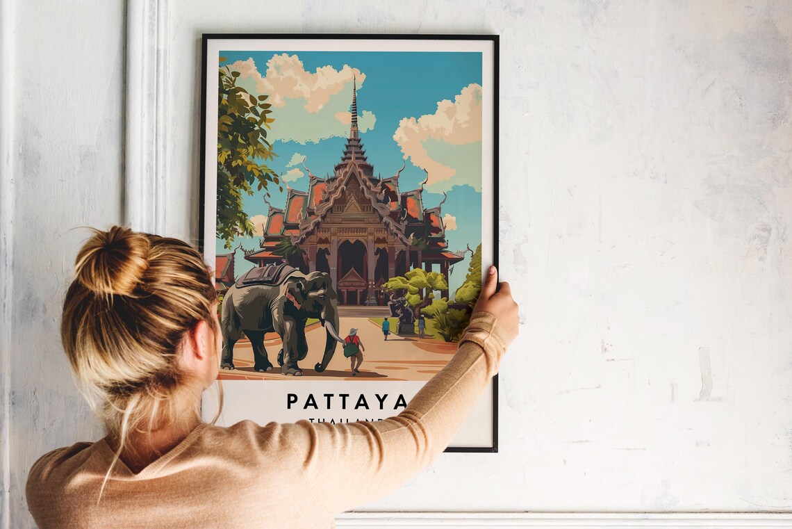 Pattaya Thailand Elephant Temple Vintage Travel Illustration Poster - Image 2