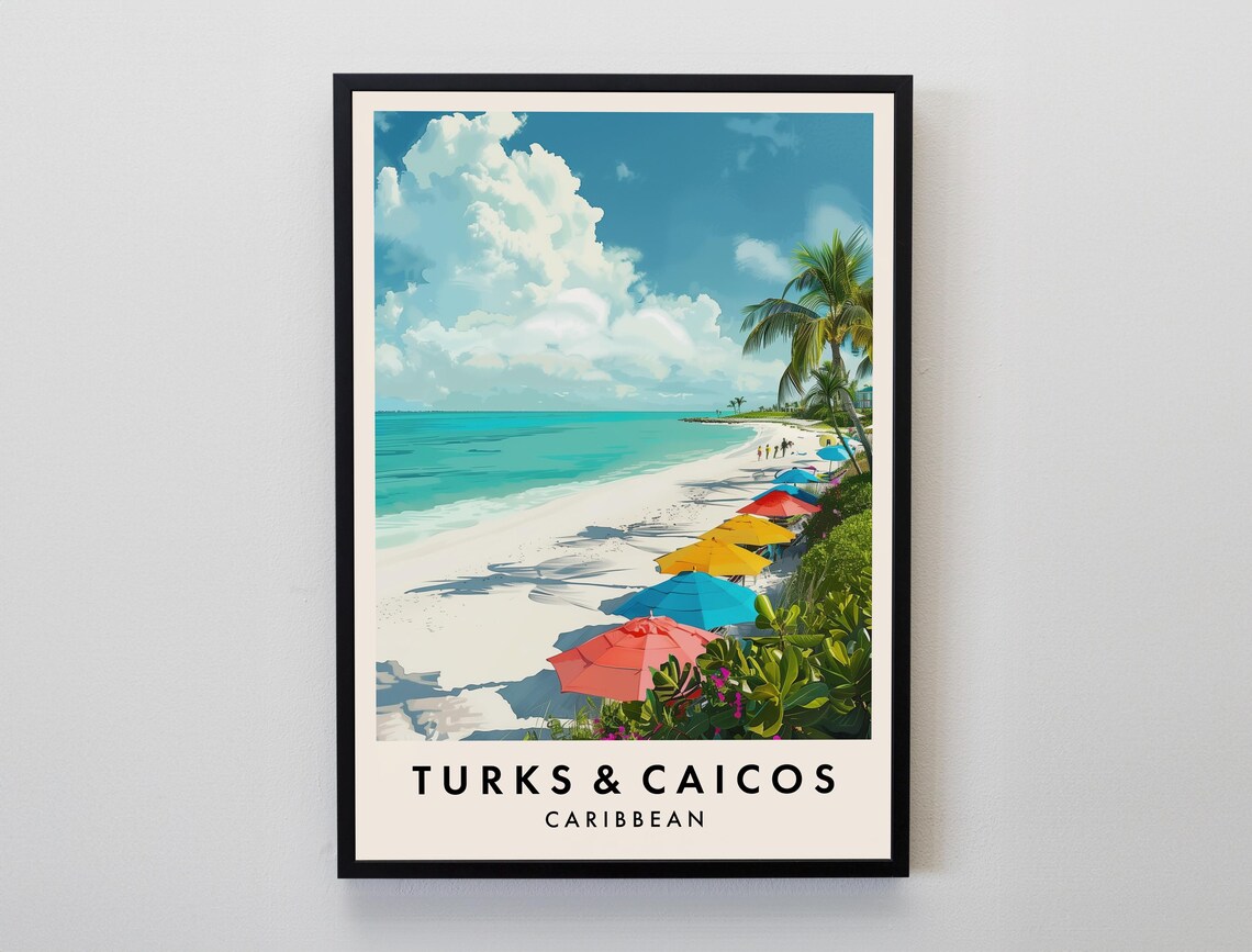 Turks Caicos Caribbean Travel Poster White Sand Beach Umbrellas Wall Decor