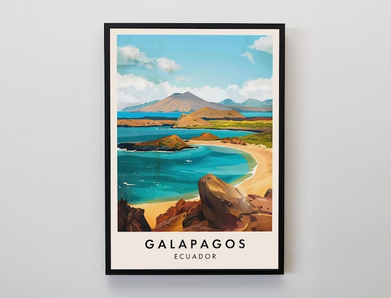 Galapagos Islands Ecuador Turquoise Bay Volcano Coast Travel Poster