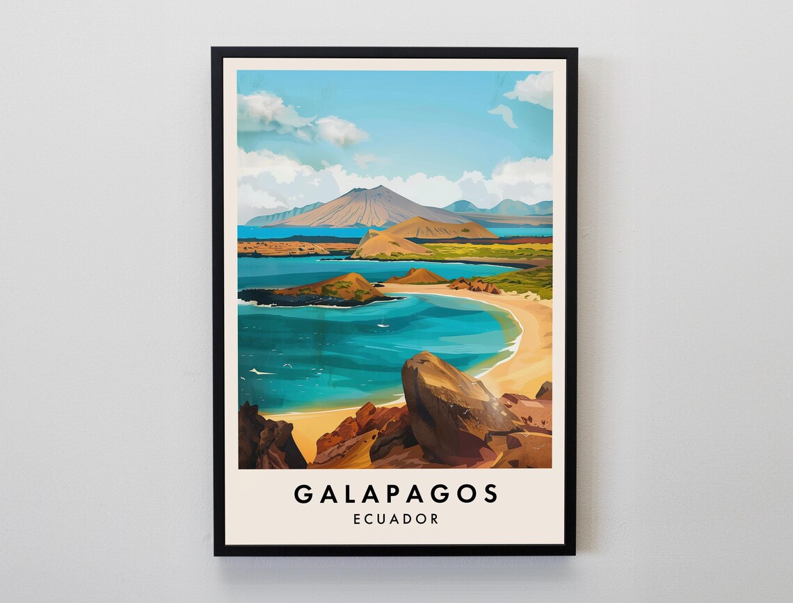 Galapagos Islands Ecuador Turquoise Bay Volcano Coast Travel Poster