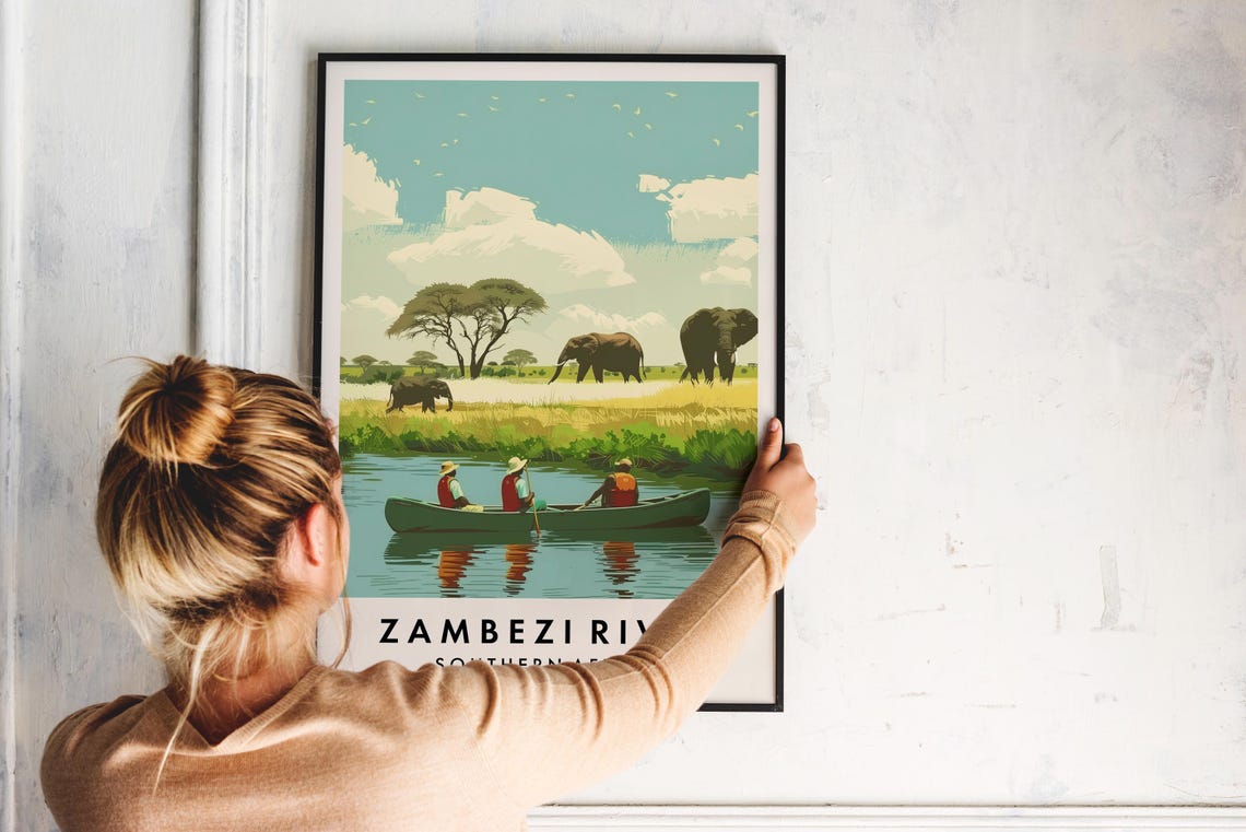 Zambezi River Safari Canoe And Elephants Southern Africa Poster - Image 2