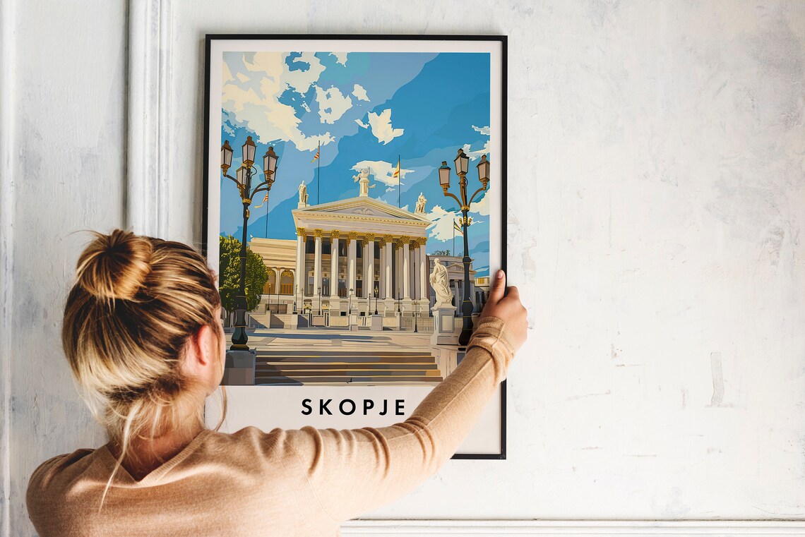 Skopje North Macedonia Vintage Travel Poster Columned Hall View - Image 2