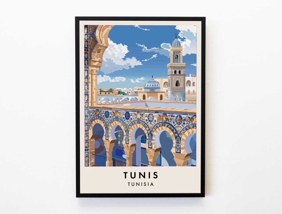 Tunis Tunisia Medina Mosque Minaret Tile Arches City Travel Poster