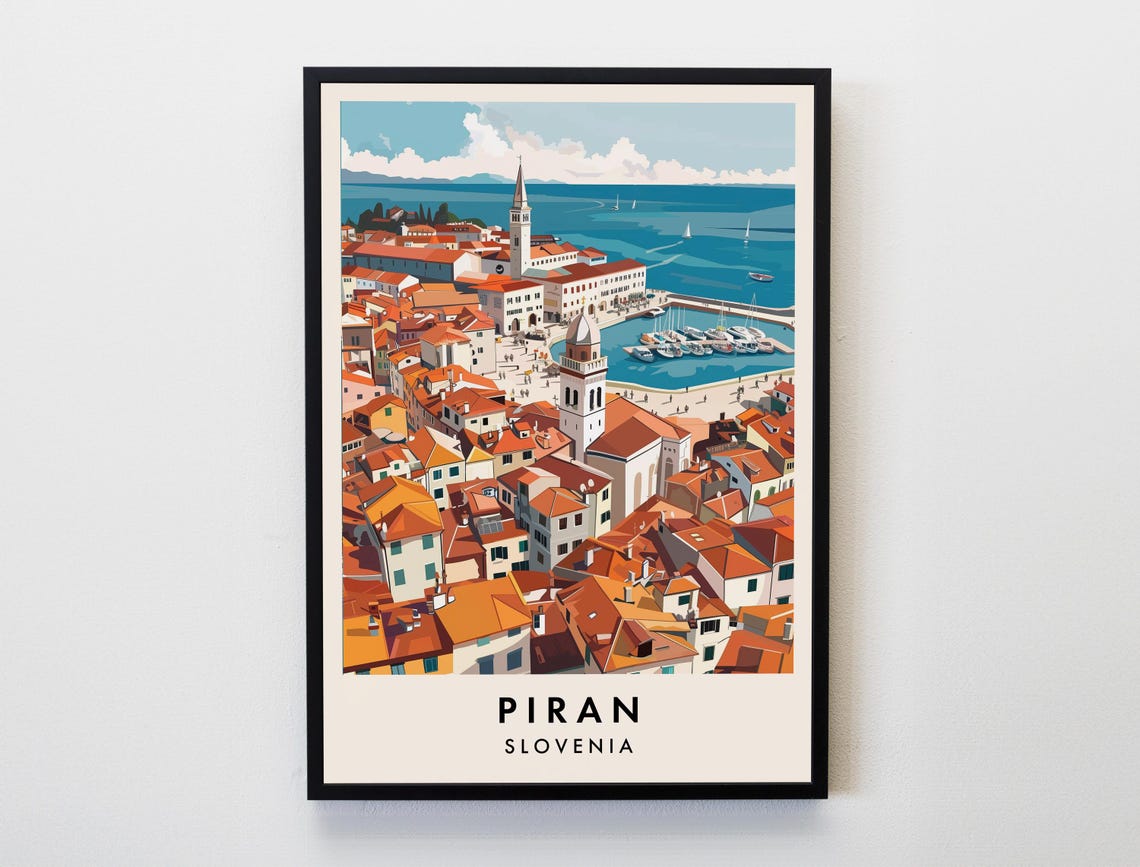 Piran Slovenia Old Town Harbor Aerial Sunset View Art Poster