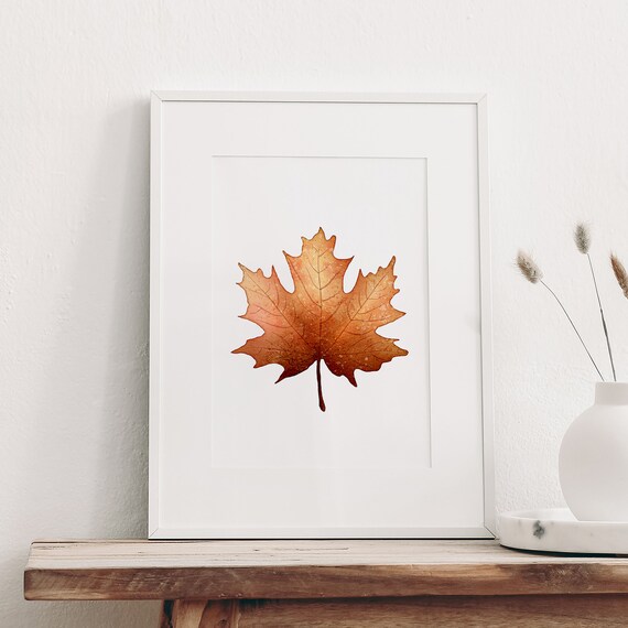 Single Orange Maple Leaf Watercolor Poster Minimalist Fall Foliage Art