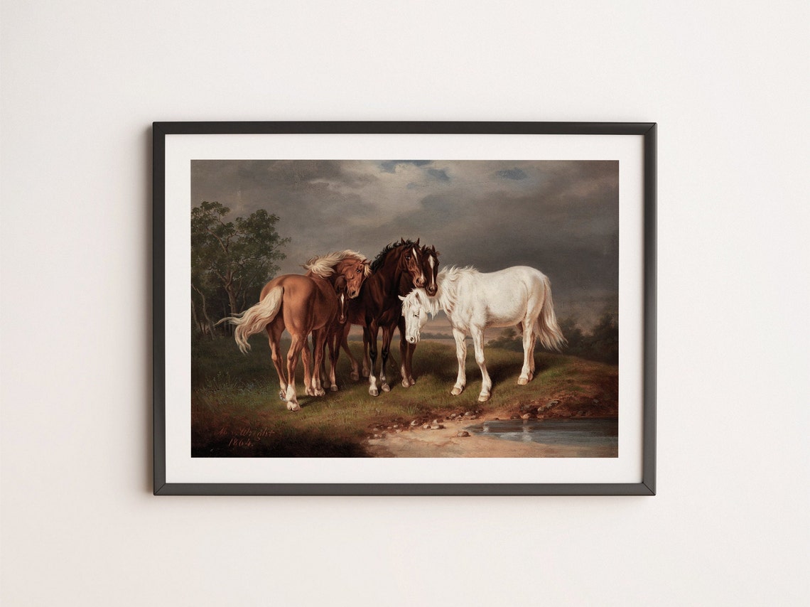 Three Horses Nuzzling By Stream Antique 1864 Equestrian Art Poster - Image 4