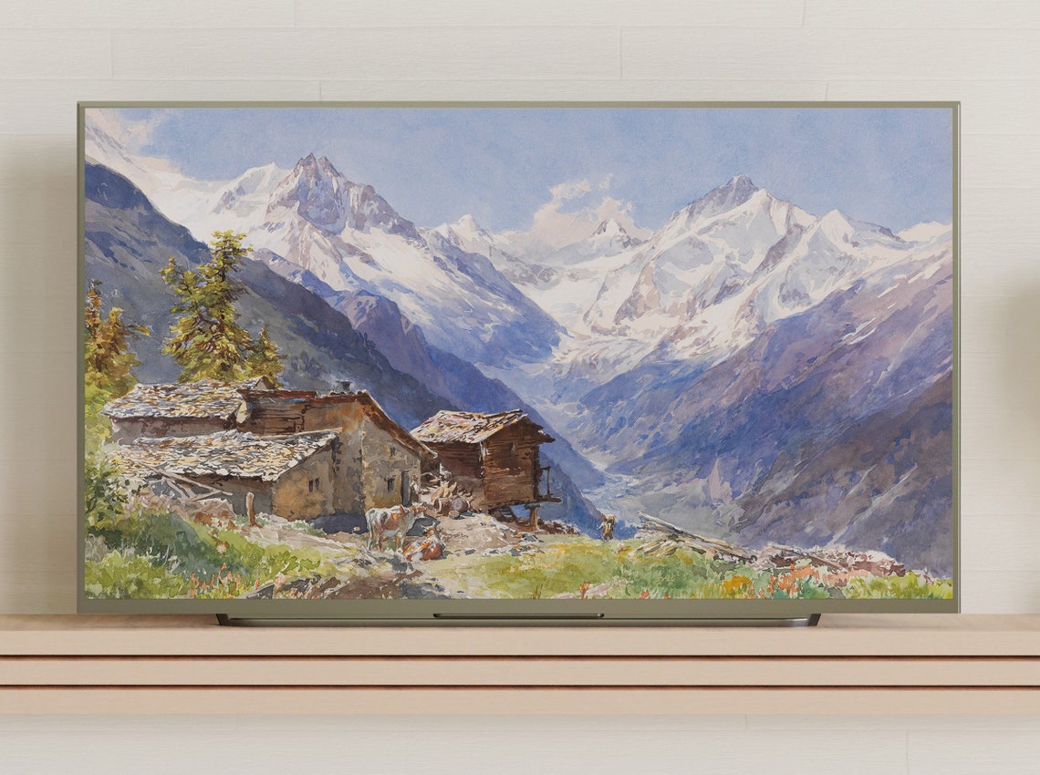 Alpine Chalets Below Snow Capped Peaks Watercolor Mountain Poster - Image 3