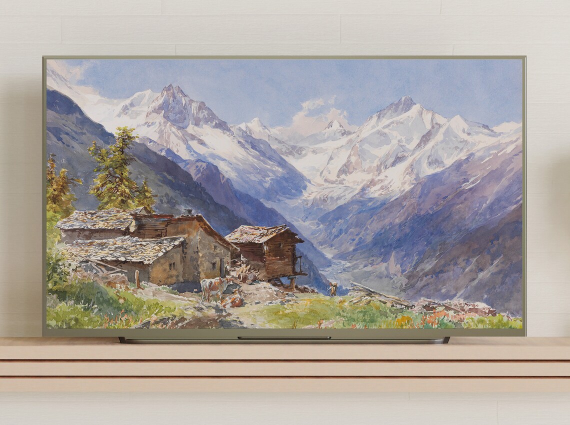 Frame Tv Art Vintage Cottage Landscape Paintings Of Mountain Instant - Image 3