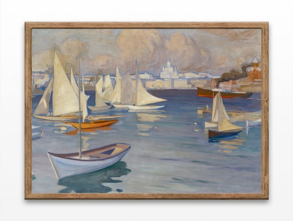 Vintage Harbor With Sailboats And White Domed Church Oil Painting Poster