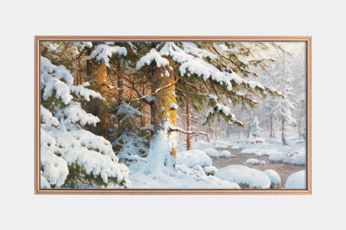 Snow Laden Spruce Forest with Sunlit Trunks Winter Scene Poster