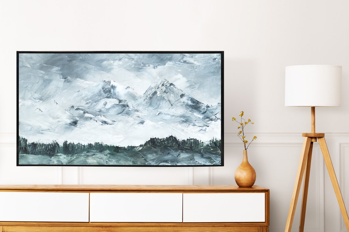 Abstract Blue Mountain Landscape Stormy Peaks Oil Painting Art Print - Image 2