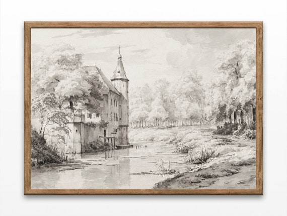 Vintage Castle Drawings, Antique Sketch Landscape Print