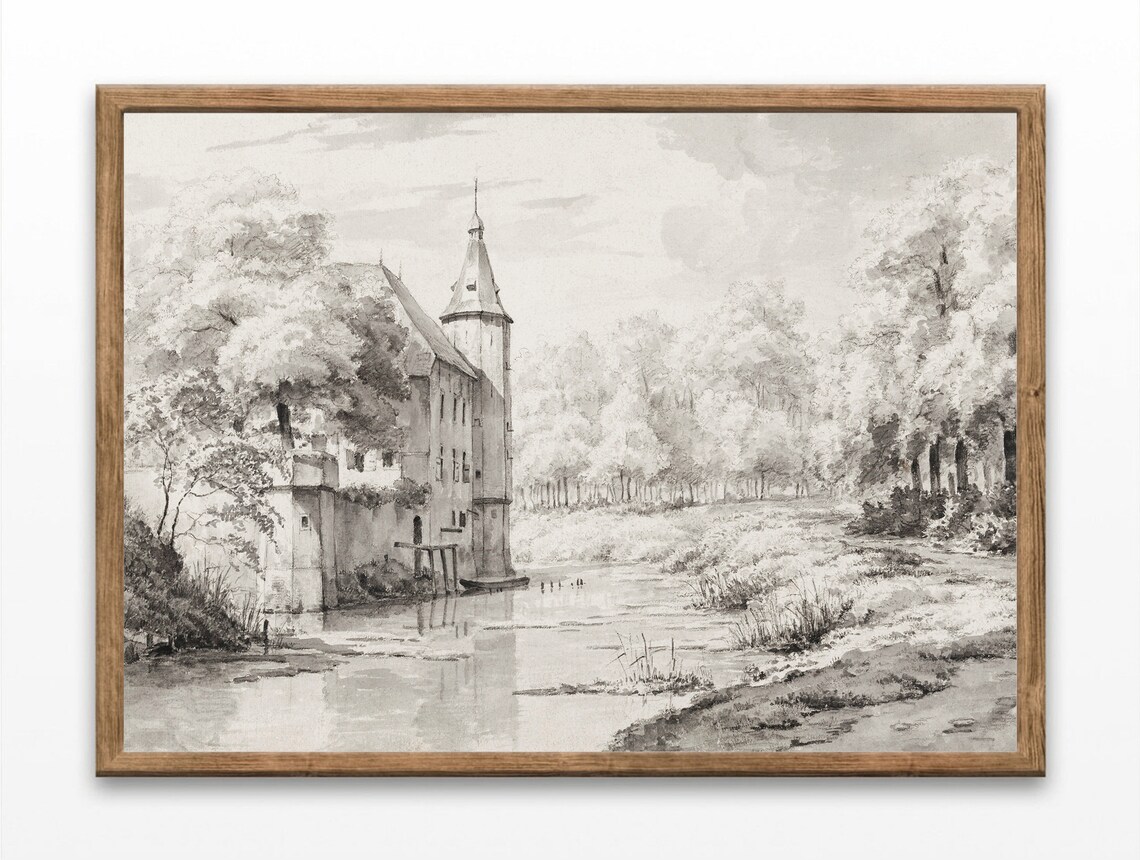 Vintage Castle Drawings, Antique Sketch Landscape Print