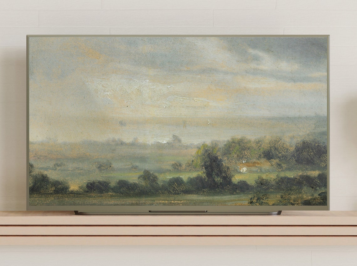 Hazy Meadow Trees Under Pale Cloudy Sky Minimalist Landscape Poster - Image 3
