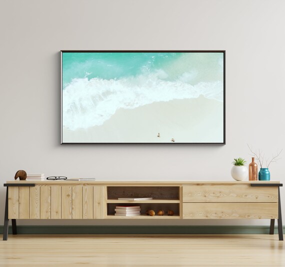 Aerial Turquoise Ocean Waves Washing White Sand Beach Overhead View Poster