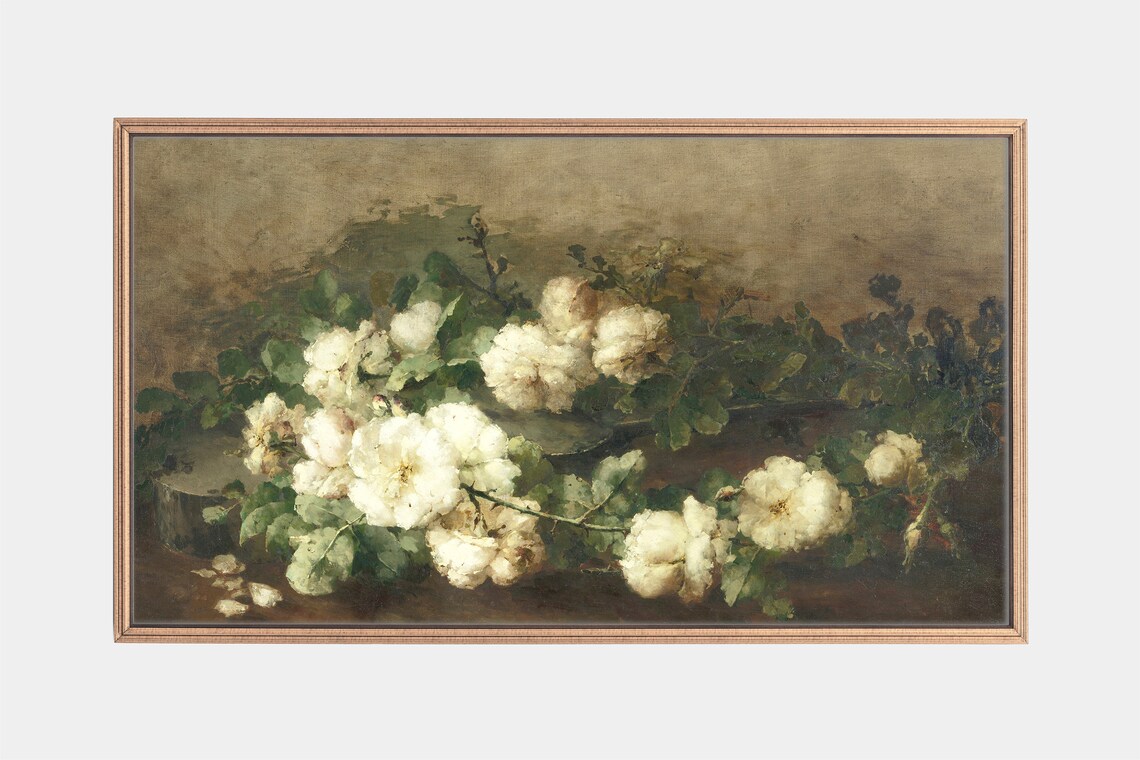 White Roses Vintage Still Life Oil Painting Romantic Floral Art Poster