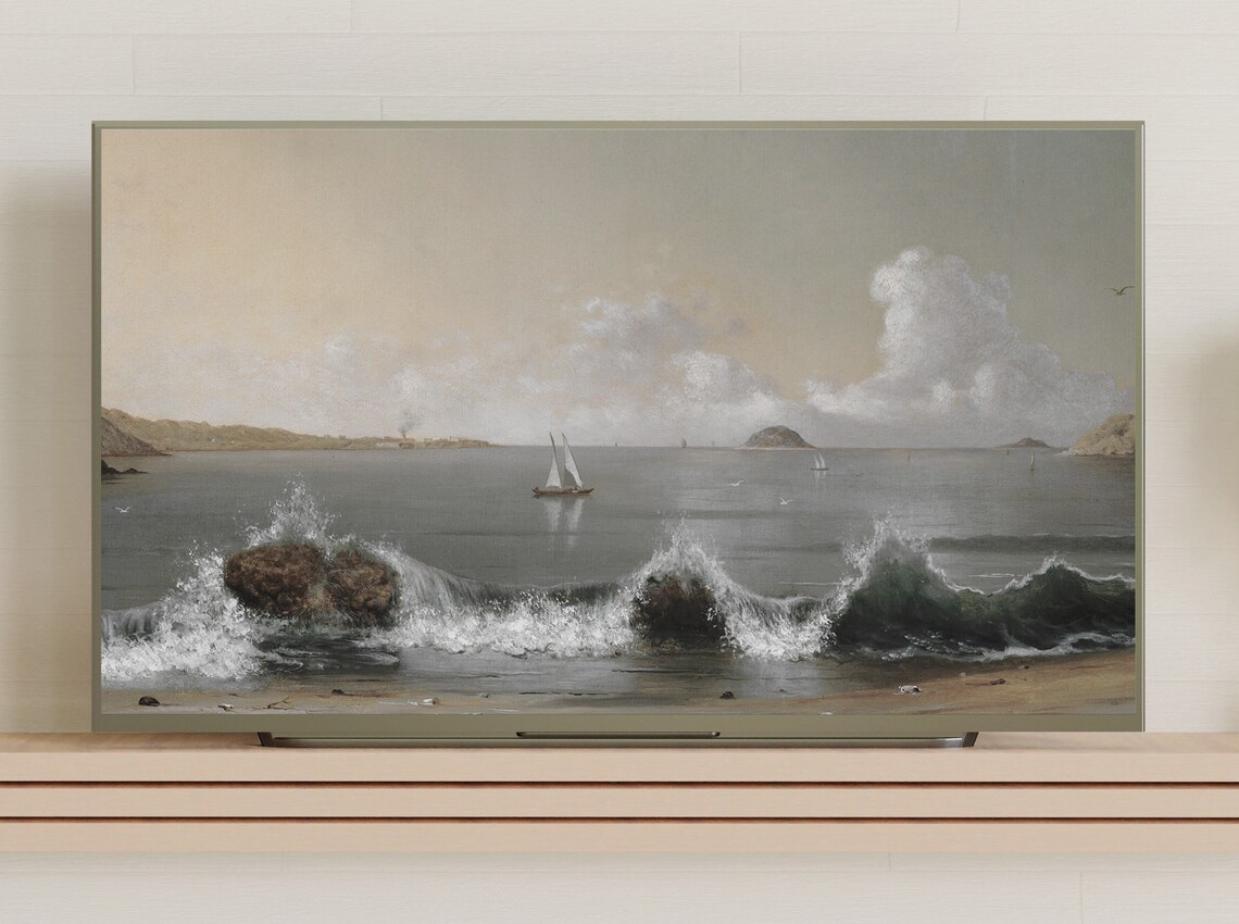 Coastal Waves Crashing Rocks Sailing Boats Vintage Seascape Oil Art Poster - Image 3