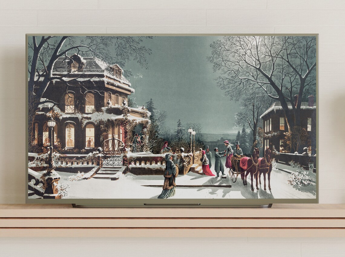 Victorian Christmas Eve Snowy House Horse Carriage Vintage Art Poster