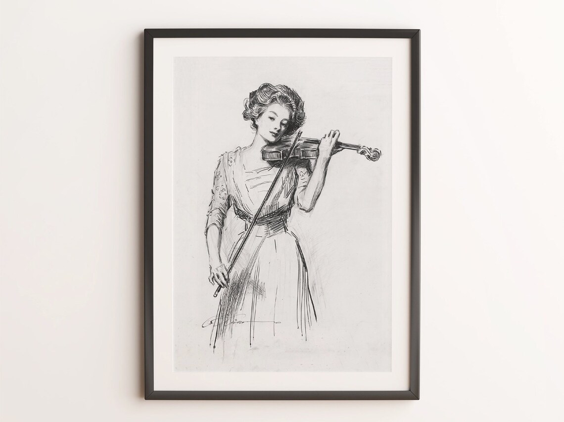 Woman Playing Violin Vintage Ink Sketch Gibson Girl Style Drawing Art Poster - Image 4