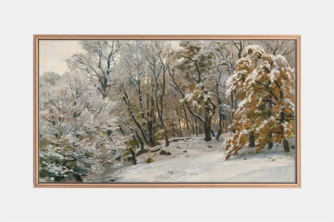 Snowy Woodland Golden Foliage Vintage Winter Landscape Painting
