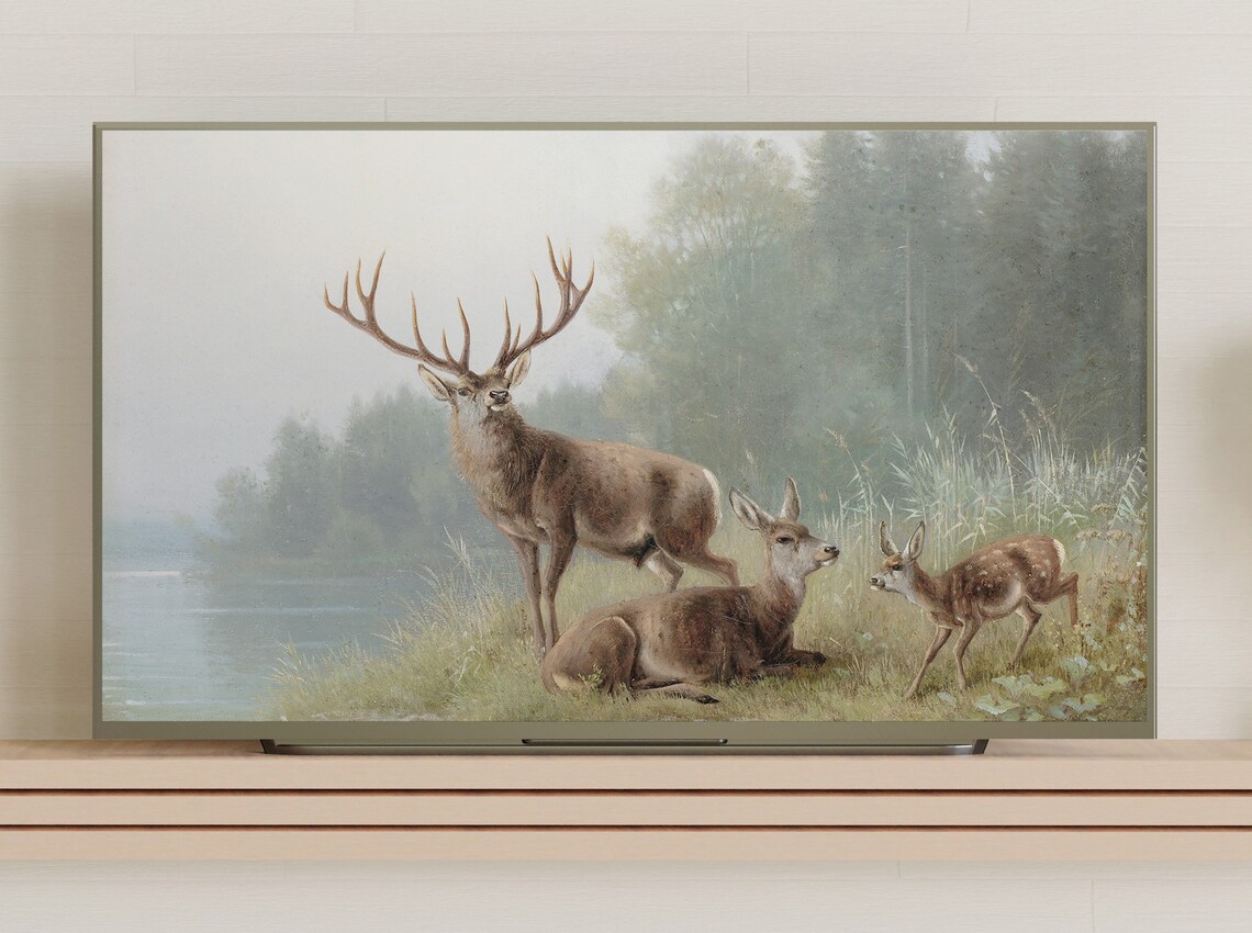 Red Deer Stag Doe And Fawn By Misty Lake Vintage Wildlife Art Poster - Image 3