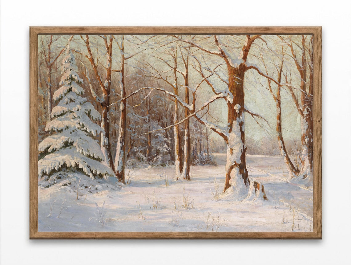 Snowy Winter Forest Pine Trees Sunlight Vintage Painting Poster