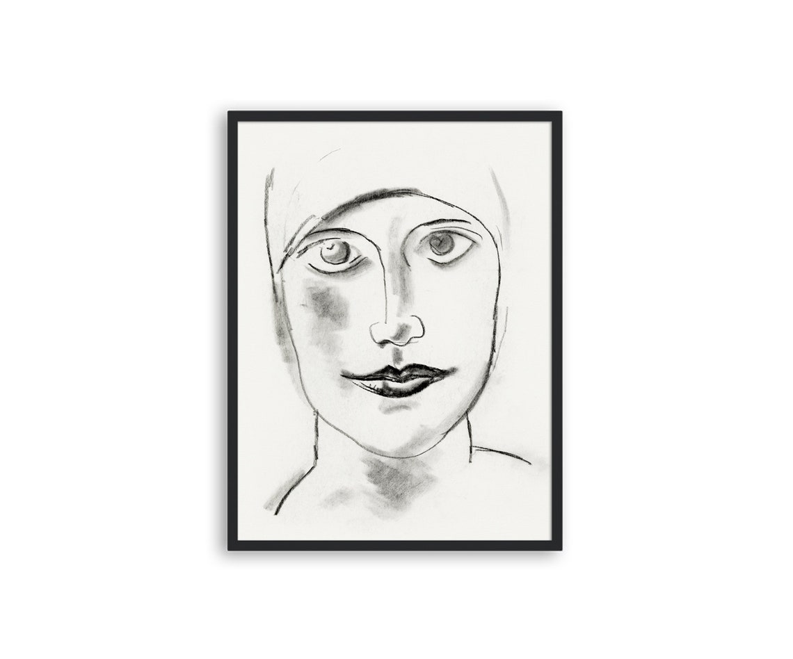 Woman Portrait Charcoal Sketch Vintage Headscarf Face Drawing Wall Art - Image 3