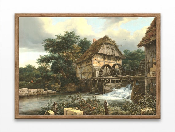 Watermill Landscape Painting Vintage Art Prints Rustic Home Decor Lake House Wall Art Prints