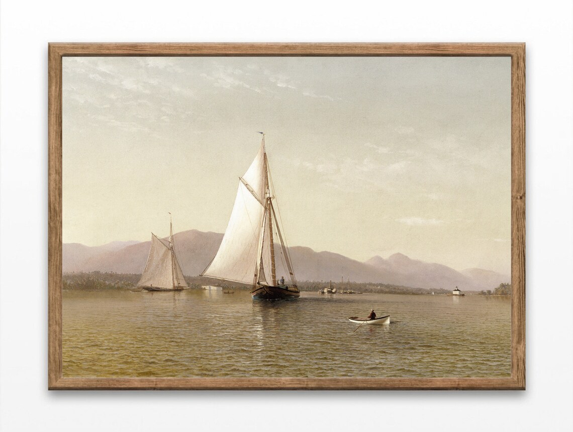 Sailboats On Calm Water With Mountain Shoreline Vintage Nautical Oil Poster