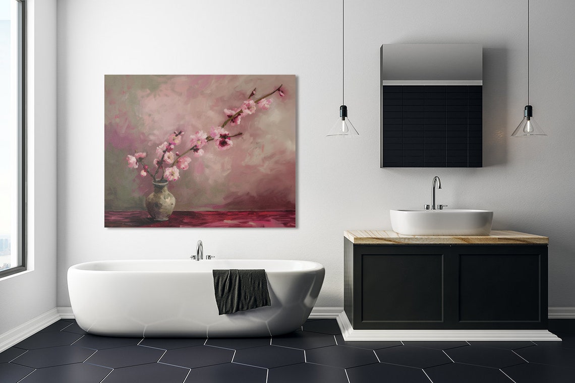 Pink Cherry Blossom Branch In Vase Soft Spring Oil Painting Poster - Image 5