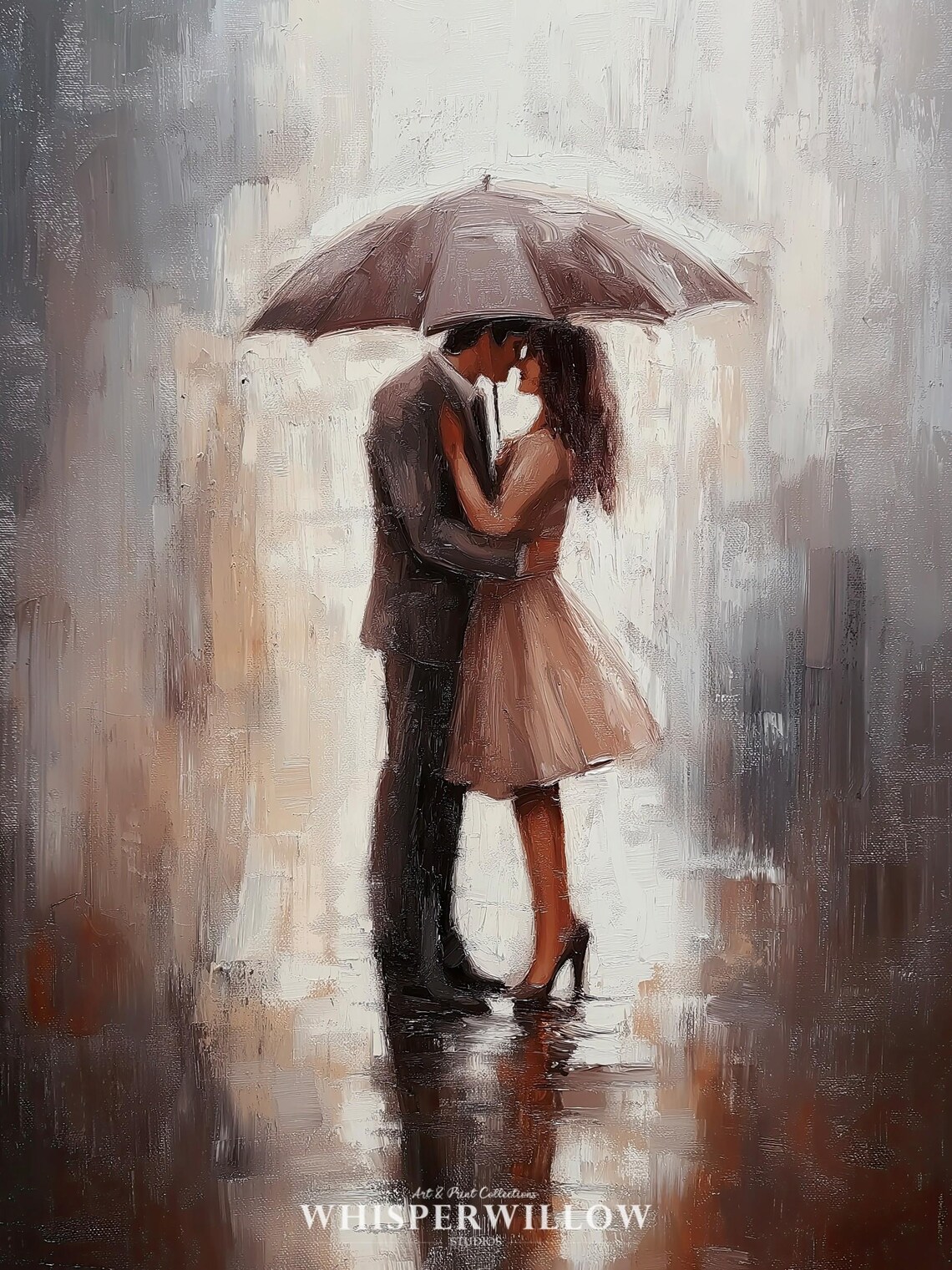 Romantic Couple Sharing an Umbrella in the Rain Oil Painting Poster - Image 6