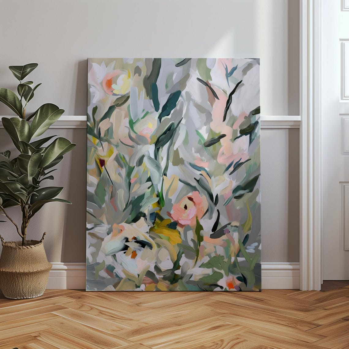 Abstract Spring Flowers Sage Green Pink Floral Painting Poster - Image 5