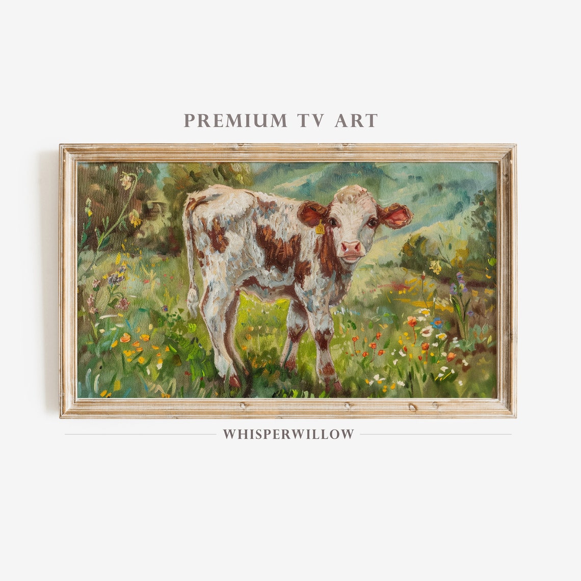 Brown and White Spotted Calf in Wildflower Meadow Farm Poster
