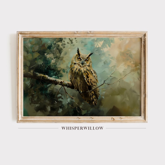 Moody Great Horned Owl Oil Painting Print Animal Print Antique Vintage Wall Art Wall Decor Instant Print