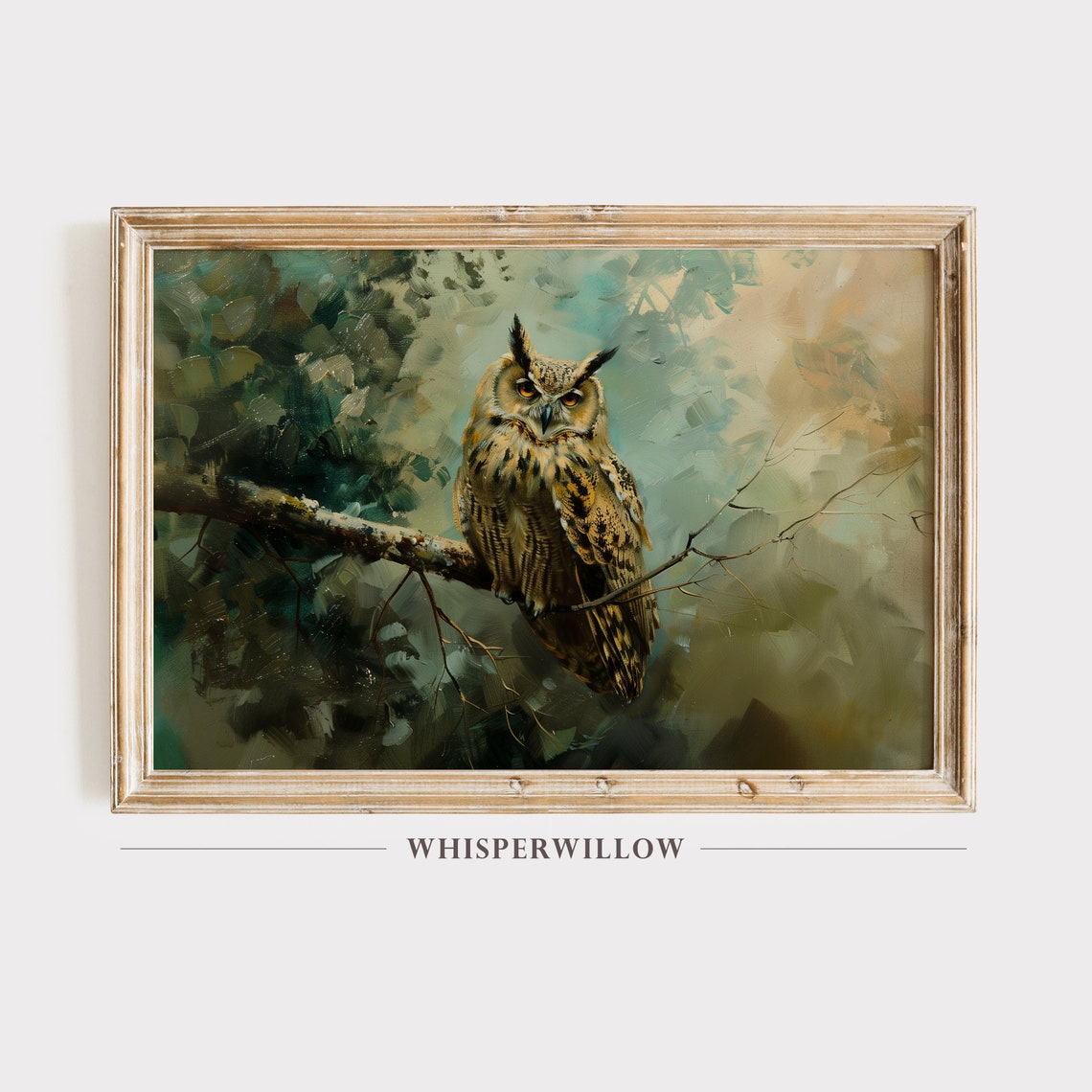Great Horned Owl Perched on Branch Vintage Style Oil Painting Poster