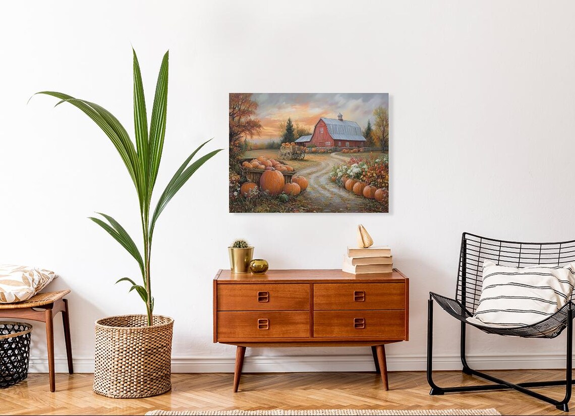 Rustic Red Barn Pumpkin Farm Autumn Art Print - Image 3