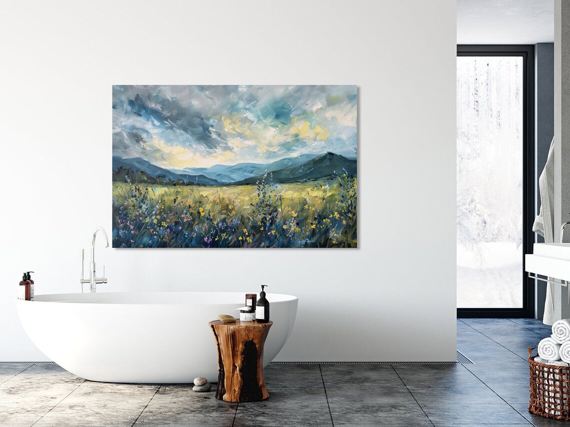 Wildflowers and Mountains Cool Blue Tones Oil Painting Poster - Image 5