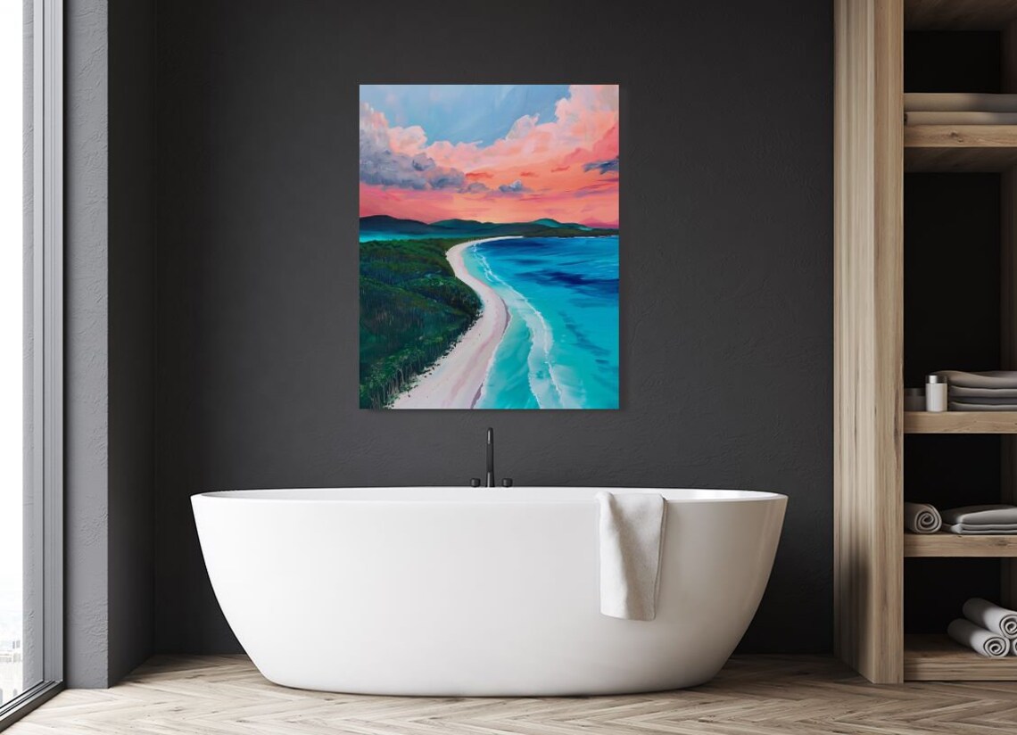 Curved Tropical Beach Sunset Painting Turquoise Ocean Pink Sky Poster - Image 5