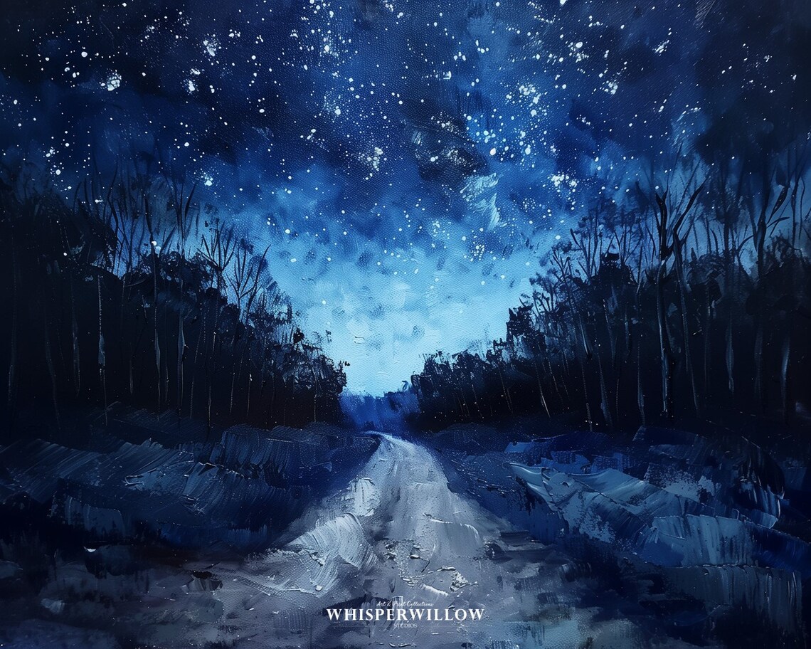 Moonlit Snowy Country Road Winding Under Starry Winter Sky Poster - Image 6