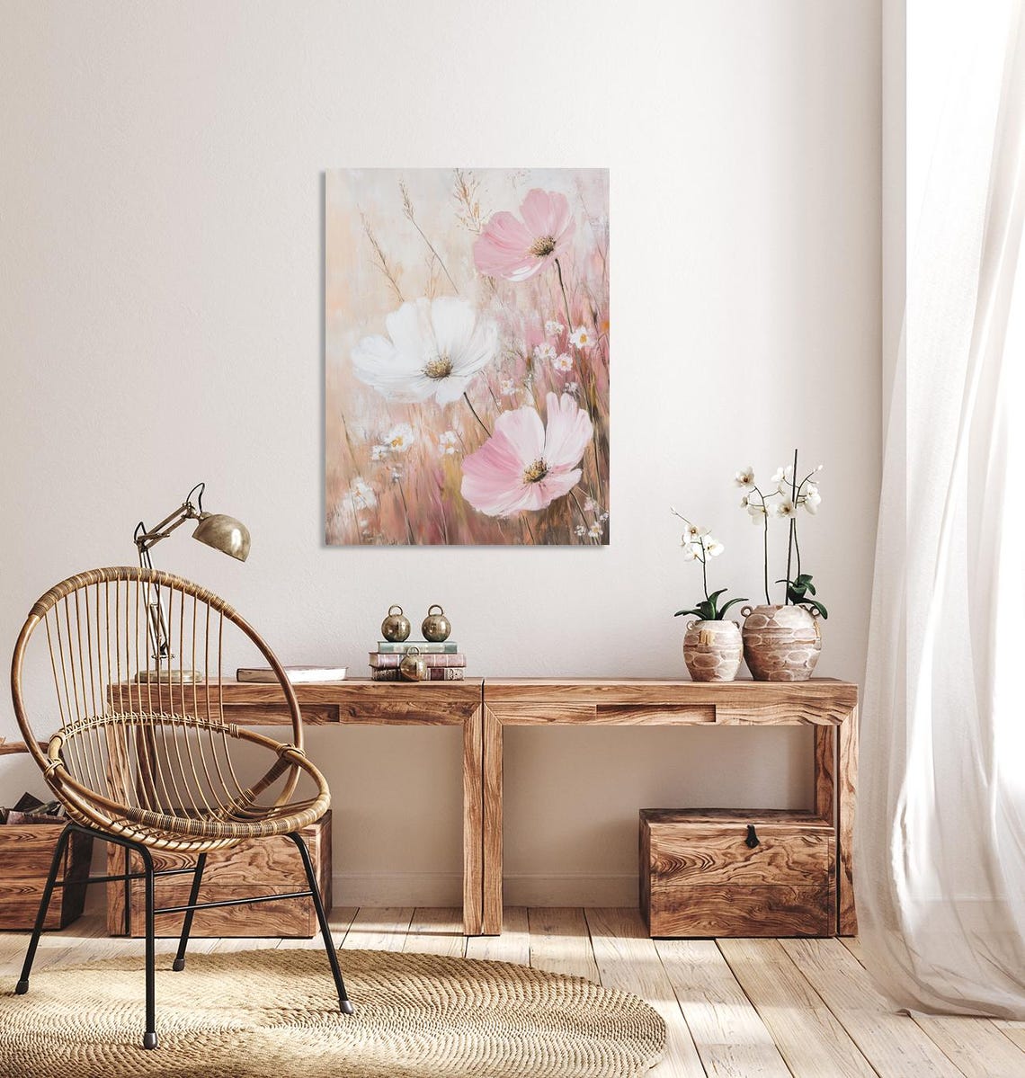 Dreamy Pink and White Cosmos Flowers Soft Floral Meadow Poster - Image 4