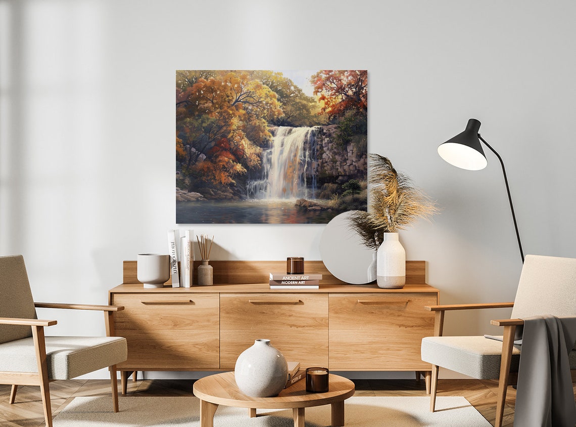 Autumn Waterfall Scene with Vibrant Fall Foliage Oil Painting Poster - Image 2