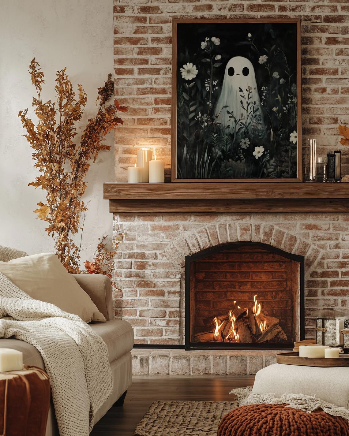 Cute Ghost Among White Wildflowers Dark Floral Halloween Print - Image 4