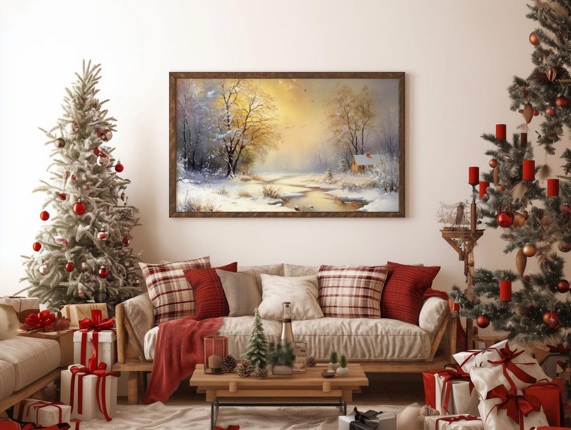 Winter Sunrise Glowing Over Snow Covered Stream and Cabin Poster - Image 2