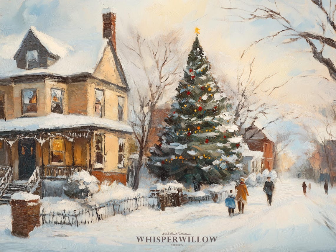 Victorian House with Glowing Christmas Tree on Snowy Street Poster - Image 6