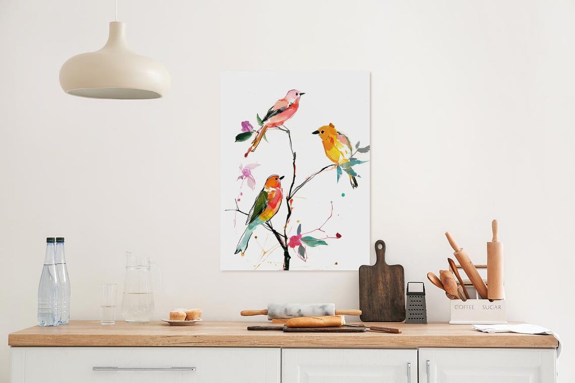Colorful Songbirds Watercolor Painting Three Birds Branch Art Poster - Image 4