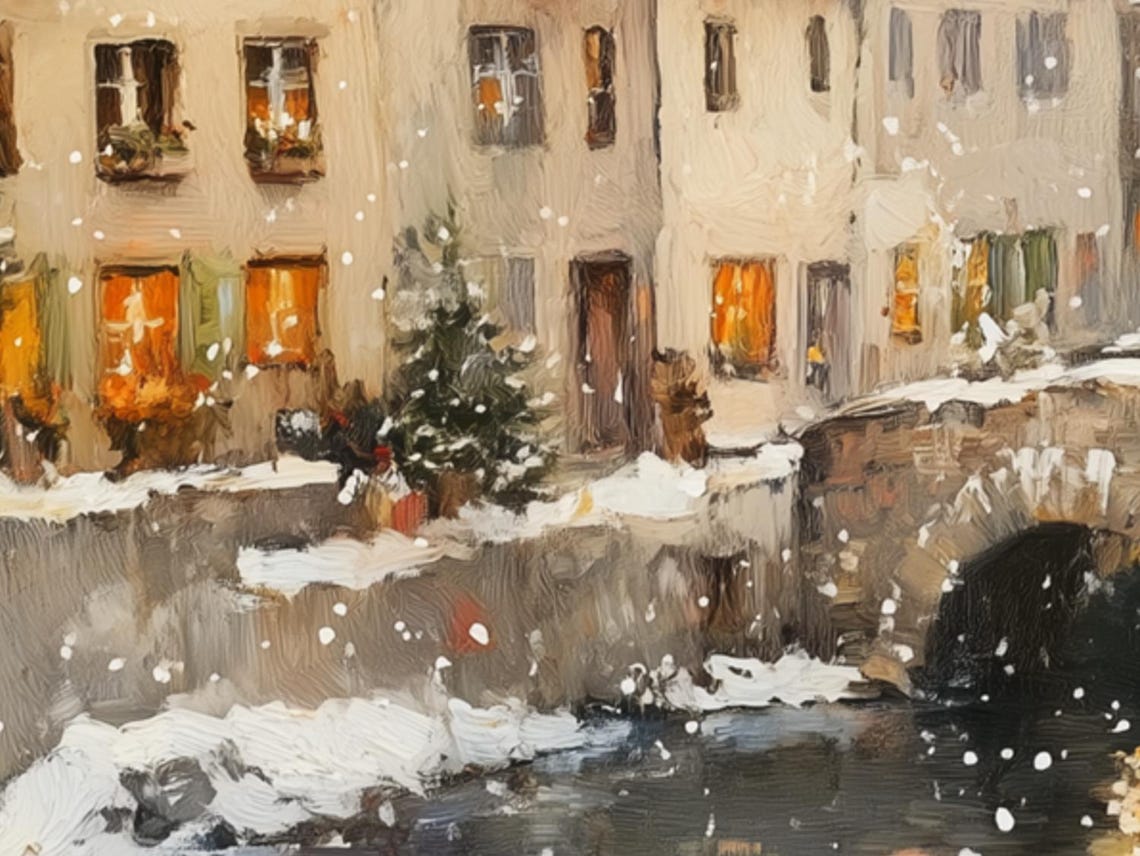 Snowy Riverside Village with Stone Bridge Winter Evening Poster - Image 6