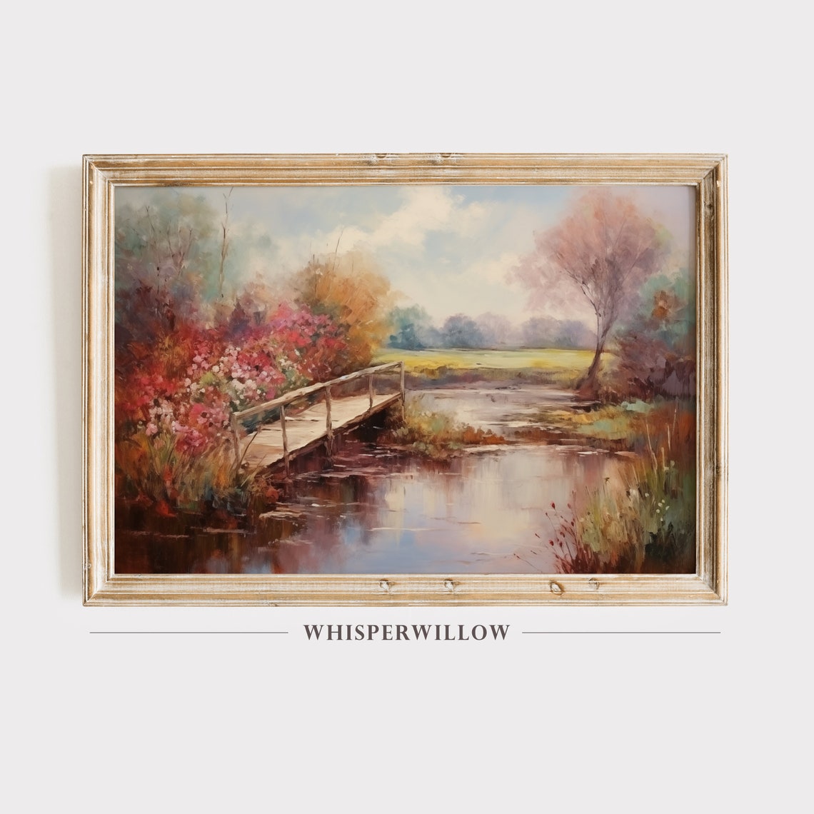 Wooden Footbridge Over Reflecting Pond Autumn Garden Vintage Poster