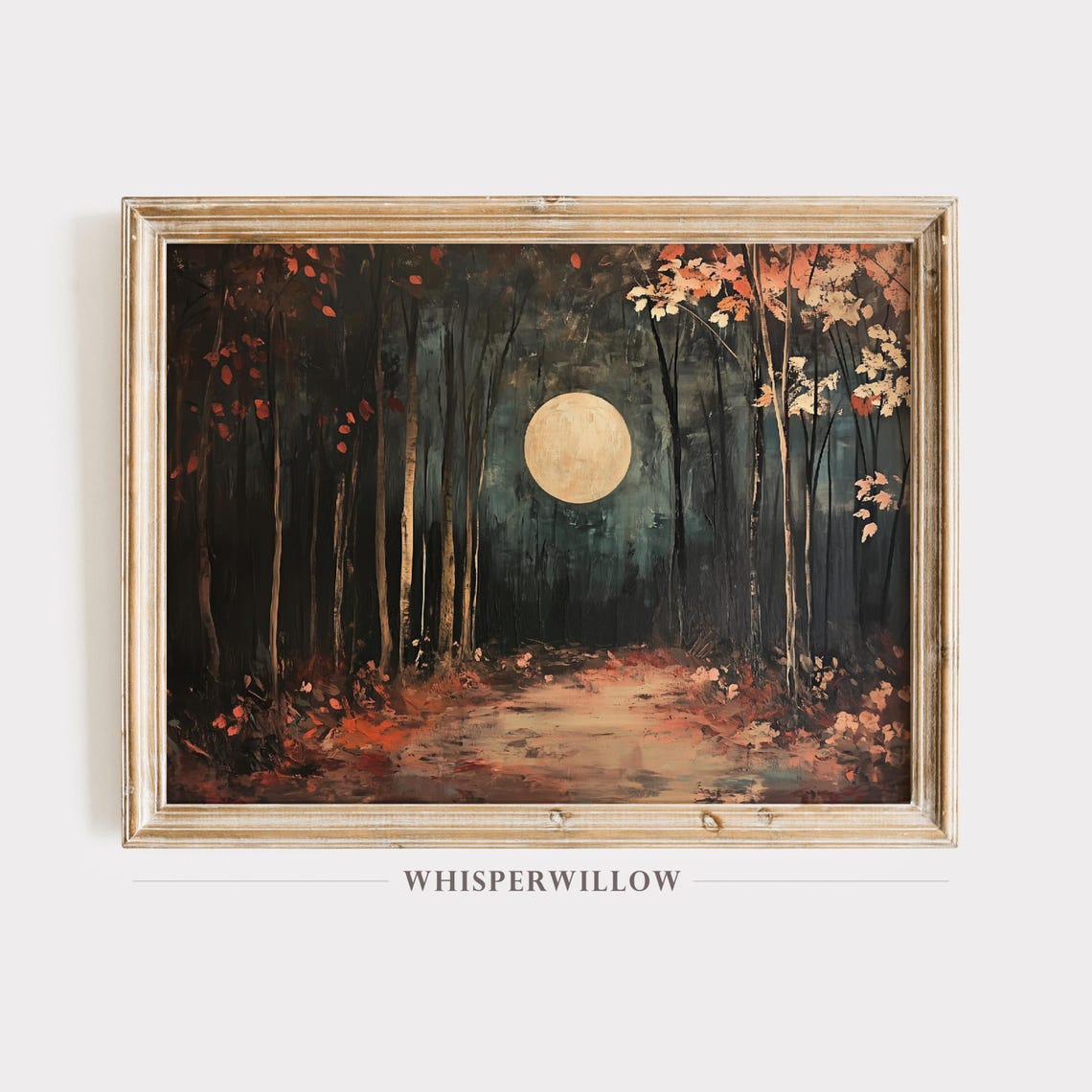 Bright Full Moon Rising Over a Dark Autumn Forest Path Poster