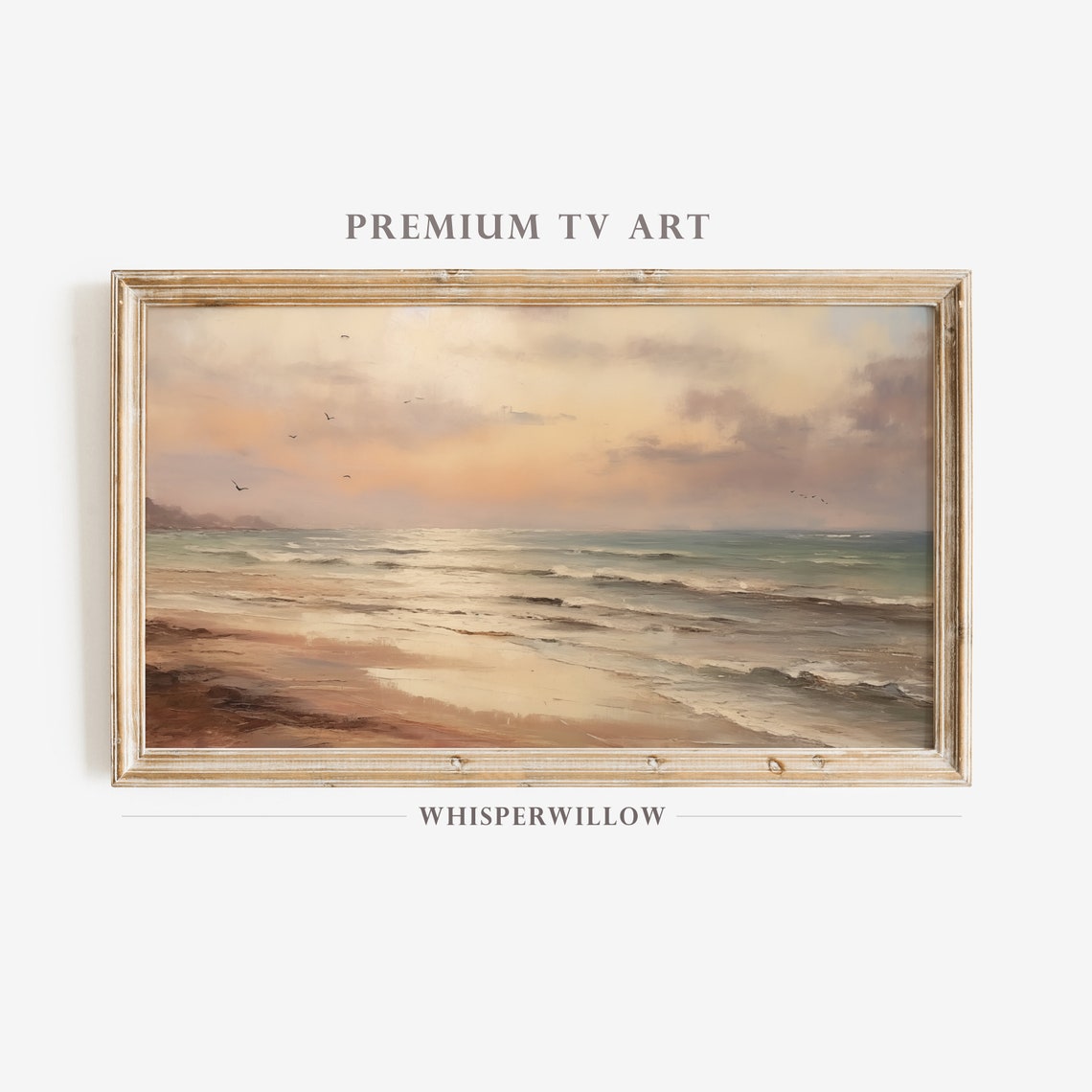 Soft Pastel Beach Sunrise with Gentle Waves and Seagulls Poster