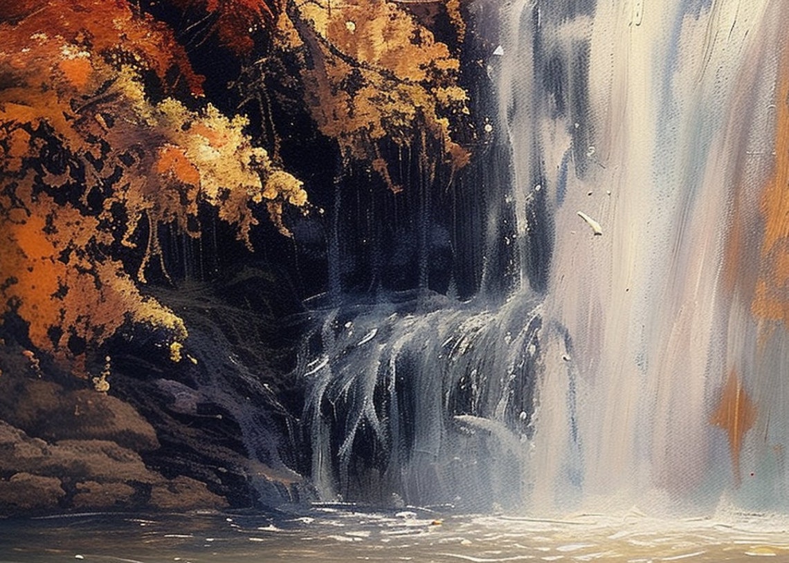 Autumn Waterfall Scene with Vibrant Fall Foliage Oil Painting Poster - Image 5